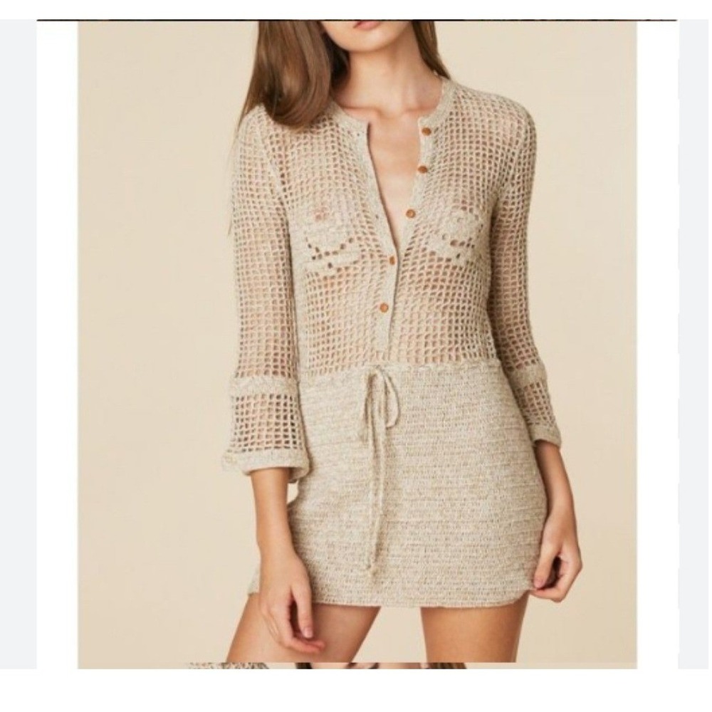Stoned Immaculate Crochet Dress Womens Medium Beige NEW Gold Metallic Mini 70s